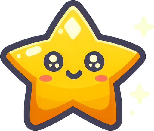 A yellow star. Cartoon..
Single Game Texture.  In-Game asset.  2d.  Blank background.  High contrast.  No shadows