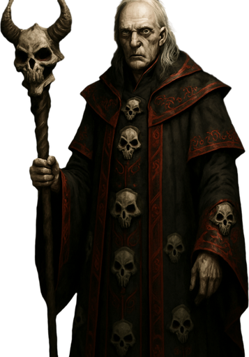 A haunted warlock in ceremonial black and crimson robes embroidered with skull patterns. Male, 56 years old, gaunt and tall, with shoulder-length white hair, sunken dark eyes glowing faint green, and sickly pale skin. He holds a staff topped with a demonic skull. Floating behind him are spectral chains and ghostly runes. The background is a cursed crypt. Realistic, highly detailed, dark arcane ambiance. realistic.
In-Game asset.  2d.  High contrast.  No shadows