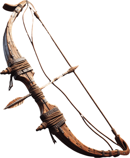 A rugged medieval bow with a wooden frame and slightly frayed string, perfect for a fantasy setting..
Game asset. Rustic and worn. Medieval fantasy style. High detail with visible wood grain.