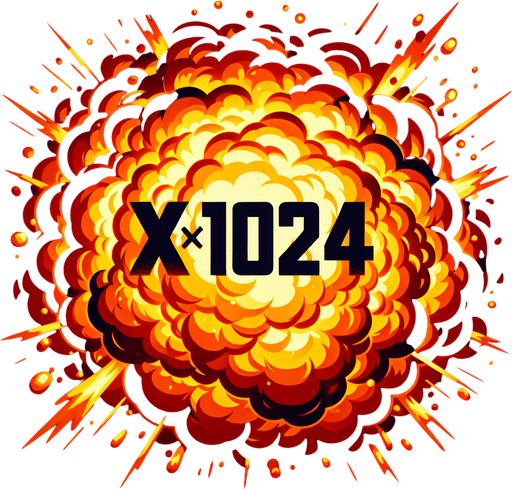 爆炸，里面有“X1024”的字样,暖色调.
Single Game Texture. In-Game asset. 2d. Blank background. High contrast. No shadows.