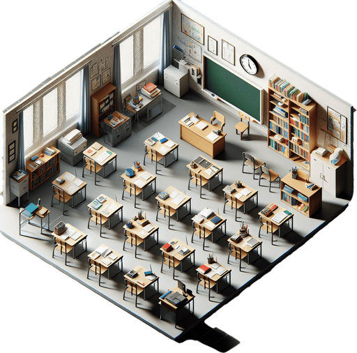 A school classroom from above.
Single Game Texture.  In-Game asset.  2d.  Blank background.  High contrast.  No shadows