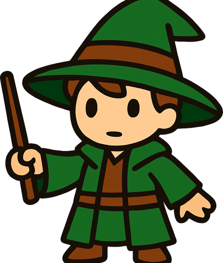 Mago principiante con sombrero verde y marrón.
In-Game asset.  2d.  High contrast.  No shadows