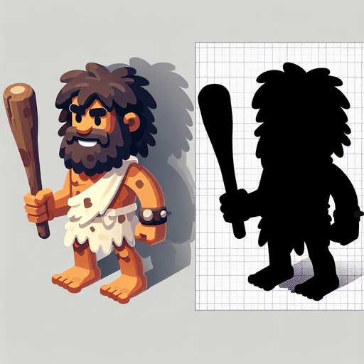 a caveman with a club, seen from above.
Single Game Texture. In-Game asset. 2d. Blank background. High contrast. No shadows.