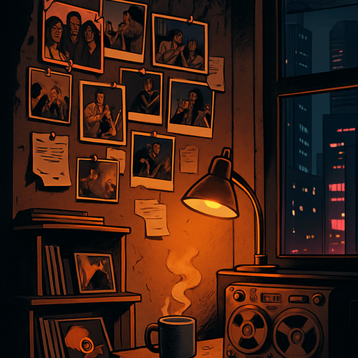 A 2048x2732 vertical background illustration in a semi-realistic comic book style. The setting reveals a nostalgic, dimly lit corner of the same urban apartment from the previous scenes. This part of the room showcases a personal wall collage filled with printed photographs, old event posters, and handwritten notes — all pinned with care and glowing softly under a small warm desk lamp. A wooden shelf holds vinyl covers, retro magazines, and a framed photo of a live DJ performance. On a nearby desk, a coffee mug steams next to an analog tape recorder, gently lit by the reflection of neon city lights from outside the window. The atmosphere is rich with memories, inspiration, and creative legacy. No characters, no text — just a sentimental space for the credits menu backdrop..
In-Game asset.  2d.  High contrast.  No shadows