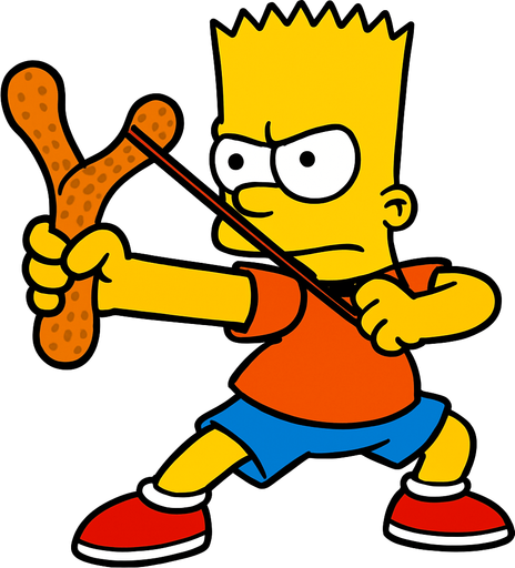 Bart holding a light brown slingshot shaped like a peanut. Make him be in a fighting stance 
In-Game asset.  2d.  High contrast.  No shadows