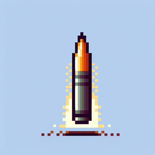 8 bit projectile pointing upwards.
Single Game Texture. In-Game asset. 2d. Blank background. High contrast. No shadows.