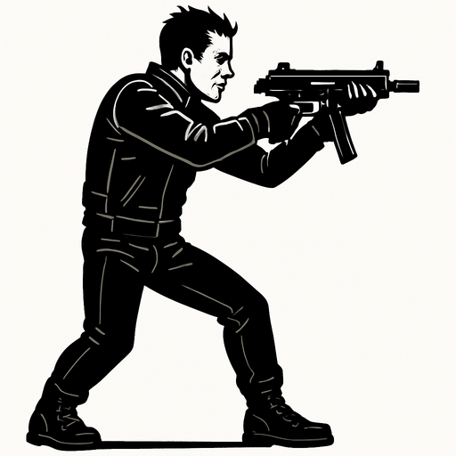 un motociclista vestido de negro apuntando con una smg de cuerpo completo con perspectiva lateral 
In-Game asset.  2d.  High contrast.  No shadows sin casco y sin moto