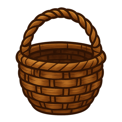 A basket.
Single Game Texture.  In-Game asset.  2d.  Blank background.  High contrast.  No shadows