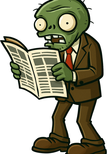 zombie leyendo un periodico con traje en cuerpo completo de pvz.
In-Game asset.  2d.  High contrast.  No shadows