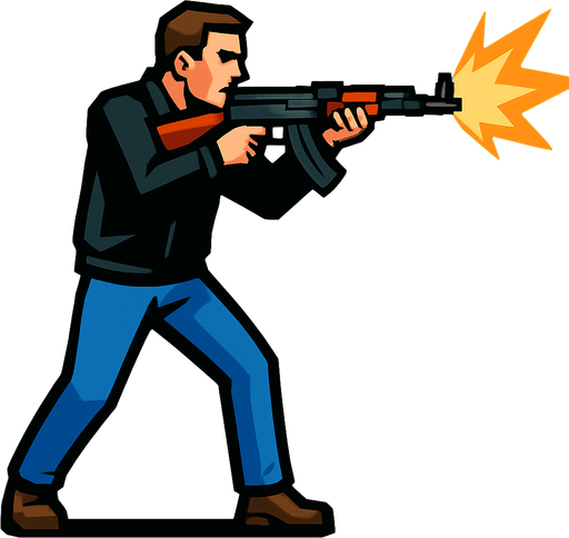 un hombre usando una chaqueta negra pantalones azules disparando un ak47.
In-Game asset.  2d.  High contrast.  No shadows con la perspectiva lateral de cuerpo completo