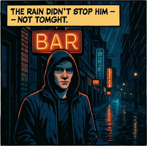 A comic panel styled like a square photo print with a clean white border. Realistic comic art. Scene: A rainy city street at night, neon signs reflecting on wet pavement, Noah stands under a flickering bar sign, hood up, looking uncertain. Narrator box at the top reads: “The rain didn’t stop him — not tonight.”.
In-Game asset.  2d.  High contrast.  No shadows