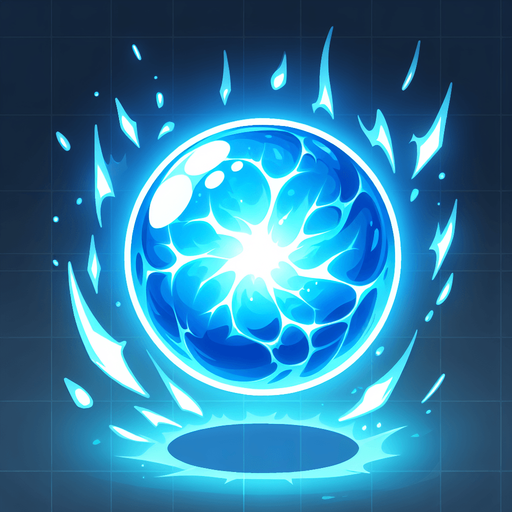 A glowing blue comic energy orb.
Single Game Texture. In-Game asset. 2d. Blank background. High contrast. No shadows.