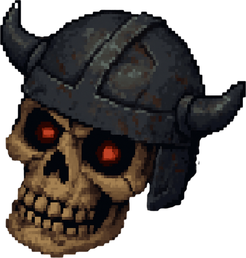 “Top-down 2D pixel art of a severed skeleton head wearing a damaged metal helmet. The skull is cracked and aged, with glowing red eyes still faintly lit. The barberian helmet is dented, rusty, and slightly misaligned on the skull. The head lies on the ground, surrounded by scratches, dust, or dried blood. Designed as a dark fantasy game sprite or environmental detail.”.
In-Game asset.  2d.  High contrast.  No shadows