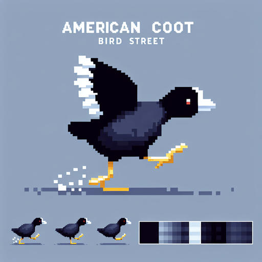 American Coot sprite sheet. Running with wings up..
Single Game Texture. In-Game asset. 2d. Blank background. High contrast. No shadows.
