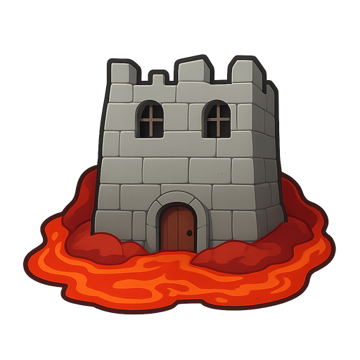 A castle surrounded by red hot lava. No background. Transparent background. Blank background. No shadows. 2d. In-Game asset. flat