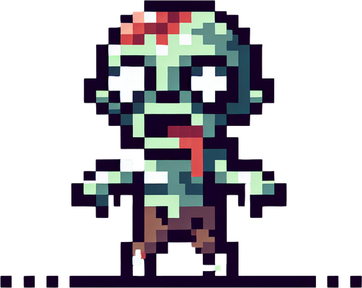 Make an 8-bit zombie.
Single Game Texture.  In-Game asset.  2d.  Blank background.  High contrast.  No shadows