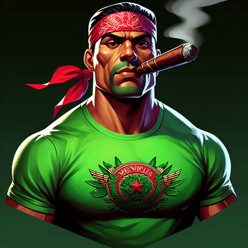 Badass marine with a green muscle T-shirt and a red bandana and a big cigar hanging from his mouth.
Single Game Texture. In-Game asset. 2d. Blank background. High contrast. No shadows.