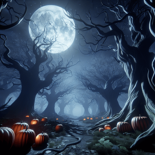 spooky halloween forest.
Single Game Texture. In-Game asset. 2d. Blank background. High contrast. No shadows.