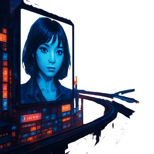 Cyberpunk city. have digital screens and digital girl have black hair talking on it. towers. from above. cars on roads. Trains roads. HD colors.