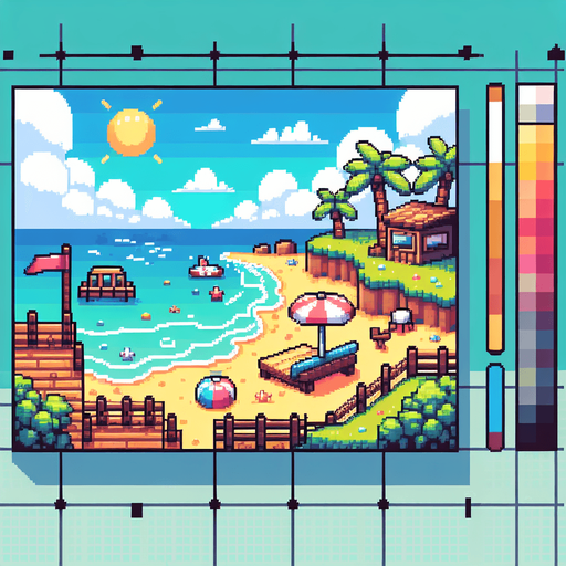 pixelart cartoon beach background for a mobile screen..
Single Game Texture. In-Game asset. 2d. Blank background. High contrast. No shadows.