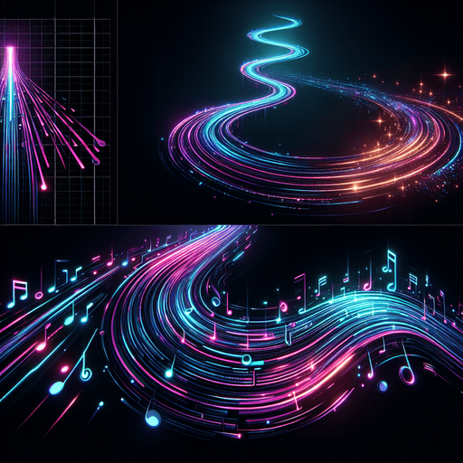 Design: A dynamic, glowing path that scrolls forward.

Style Options:

Cyberpunk neon rails

Floating musical staff lines

A galaxy wave track.
Single Game Texture.  In-Game asset.  2d.  Blank background.  High contrast.  No shadows