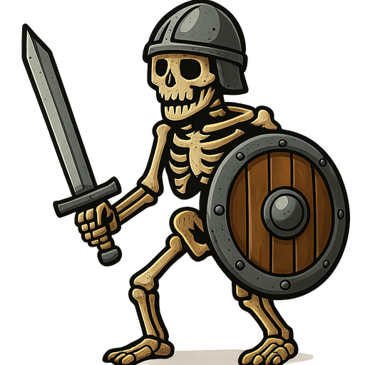 Skeleton with Iron sword, iron helmet and a Reinforced wooden shield.
In-Game asset.  2d.  High contrast.  No shadows