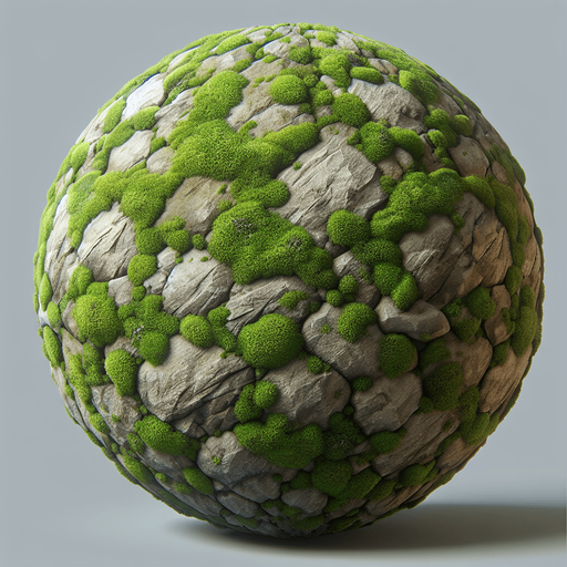 una piedra redonda musgosa.
Single Game Texture.  In-Game asset.  2d.  Blank background.  High contrast.  No shadows