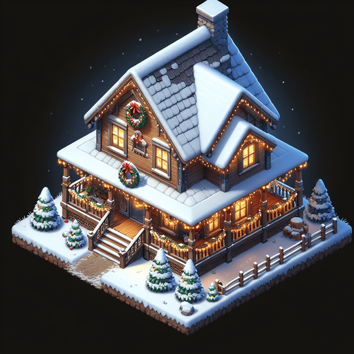 Topdown view of a very christmassy country house Single Game Texture. In-Game asset. 2d. Blank background. High contrast. No shadows.