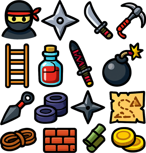 Different assets for ninja game, tools, ladder...etc..., HD colors.
In-Game asset.  2d.  High contrast.  No shadows