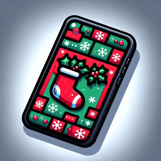 a smartphone, christmas style Single Game Texture. In-Game asset. 2d. Blank background. High contrast. No shadows.