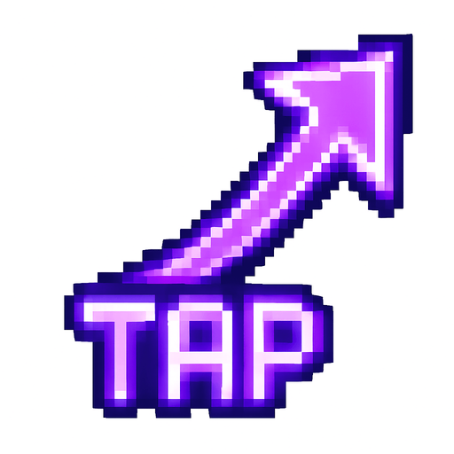 A pixel art arrow starting from a glowing "TAP" label in retro pixel font, pointing diagonally from the bottom right toward the upper left, as if guiding the player to tap that area. The arrow is sleek, with a smooth curve or angled segments, styled in purple or violet neon tones with a soft glow effect. The design matches a lo-fi rhythm game aesthetic. The "TAP" label is positioned at the tail of the arrow and glows subtly. No background — transparent..
In-Game asset.  2d.  High contrast.  No shadows