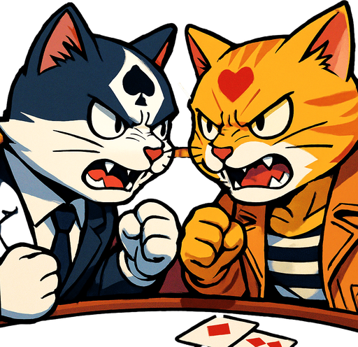 A 2:3 ratio rectangular picture that shows two card playing cats in a casino very close face to face with teeth bared and fists clenched as if they’re about to fight. Each cat has a different card suit pattern on the fur of their forehead. One is wearing a suit and the other is wearing tan leather jacket with a striped tank top underneath. Anime style..
In-Game asset.  2d.  High contrast.  No shadows