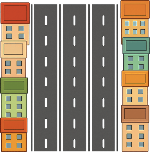 kuş bakışı 3 ayrı yol ve kuş bakışı kenarda binalar . No background. Transparent background. Blank background. No shadows. 2d. In-Game asset. flat