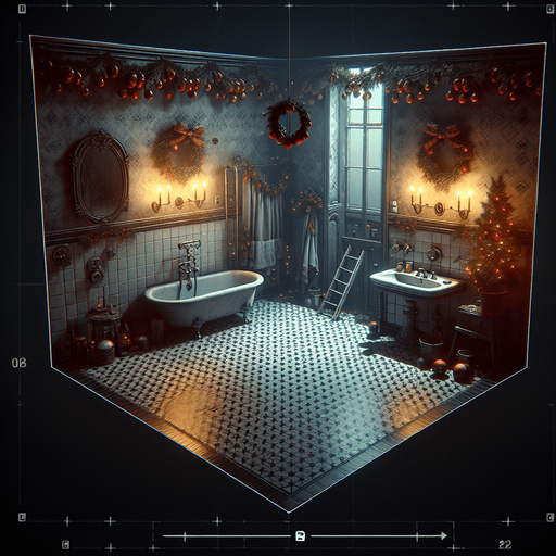 Eerie Christmas-inspired bathroom similar to a resident evil room
Single Game Texture. In-Game asset. 2d. Blank background. High contrast. No shadows.