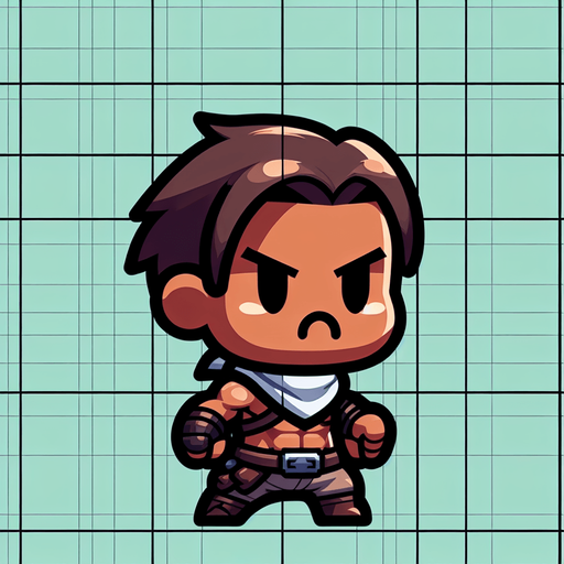 chibi anger bulk and bold guy tomb raider bandit.
Single Game Texture.  In-Game asset.  2d.  Blank background.  High contrast.  No shadows