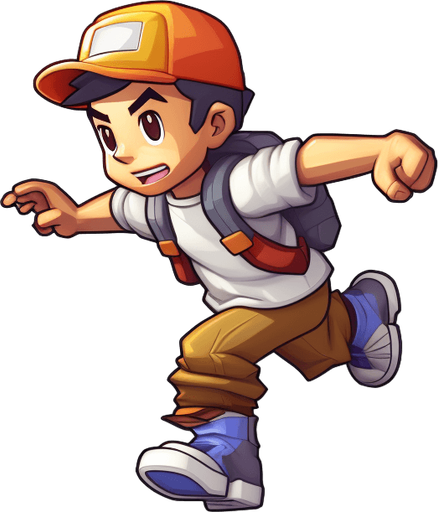 Single subway surfer character. Running upwards. Camera from right above.

Game Texture. In-Game asset. 2d. Pixelart. White background. Blank background. Low detail. High contrast.