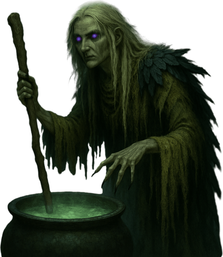 A hauntingly beautiful swamp witch draped in moss-draped robes and raven feathers. Female, 44 years old, tall and willowy, long tangled silver-blonde hair, glowing violet eyes, pale greenish skin marked with old runes. Fingers elongated and tipped with claws. She stirs a cauldron in the middle of a foggy, glowing swamp surrounded by will-o'-wisps. Realistic, highly detailed, eerie mystical style. realistic.
In-Game asset.  2d.  High contrast.  No shadows