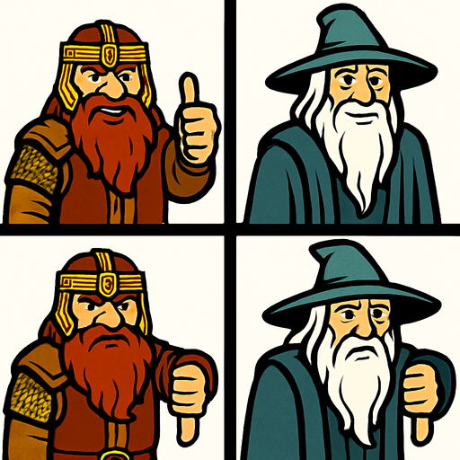 Divide the screen by 4. Every 4 frames, there is characters. Left side 2 frames, there is Gimli and Gandalf. They are smiling and one hand make thumb up. Right side 2 frames same Gimli and Gandalf here but they are sad and one hand make thumb down. In-Game asset. 2d. High contrast. No shadows.
In-Game asset.  2d.  High contrast.  No shadows