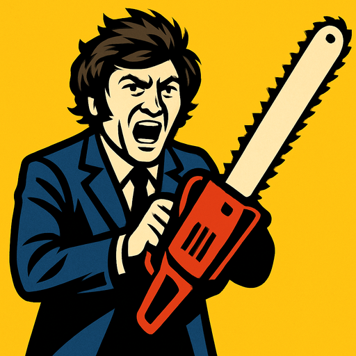 javier milei con motosierra.
In-Game asset.  2d.  High contrast.  No shadows