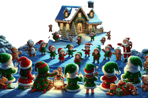 A feerical landscape with santa's house, pines, snow, glowing lights, at night.
In the front, cute elves with gree hats, gingerbread boys, teddy bears, celebrating, but no Santa Clauss in the image. Background image. High contrast. No shadows.