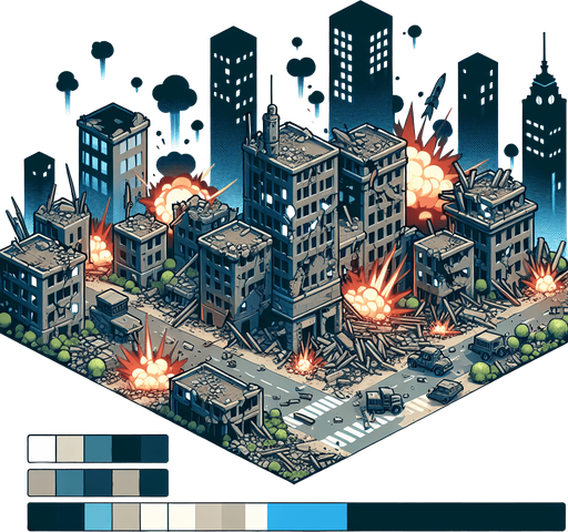 a city that is wartorn and has many explosoins and brocken buildings.
Single Game Texture.  In-Game asset.  2d.  Blank background.  High contrast.  No shadows