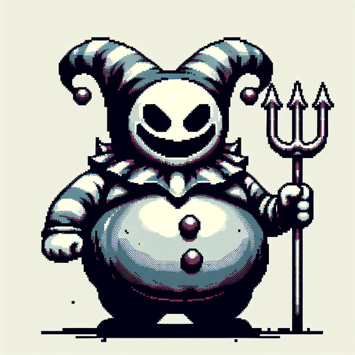Creepy Jester clown with a fat circular belly, grinning and carying a trident.
Single Game Texture. In-Game asset. 2d. Blank background. High contrast. No shadows. 8 bit