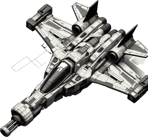 Top down view of Small personal space fighter with large gun at the front.
Single Game Texture. In-Game asset. 2d. Blank background. High contrast. No shadows.