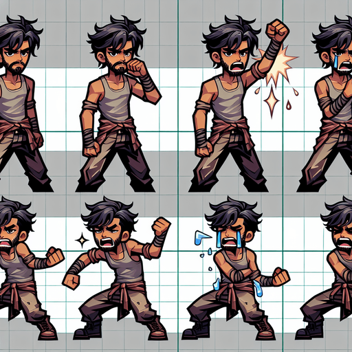 create a spritesheet of a person with his hand up, and also another sprite with his hand down with the pose as if he was breaking something, and a sprite of him crying with his injured hand. also make a sprite of him with his mouth open.. Single Game Texture. In-Game asset. 2d. Blank background. High contrast. No shadows.
Single Game Texture.  In-Game asset.  2d.  Blank background.  High contrast.  No shadows