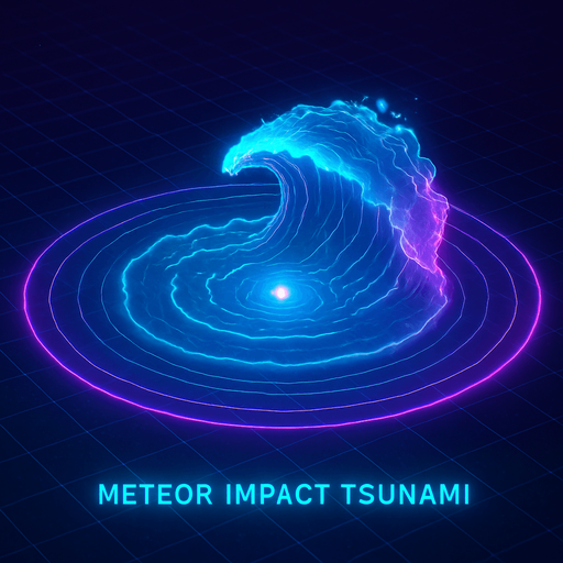 Overhead digital simulation hologram of oceanic meteor impact tsunami wave shockwave radius circle outward crashing neon cyberpunk 3d diagram translucent wave crash hologram neon effect crash