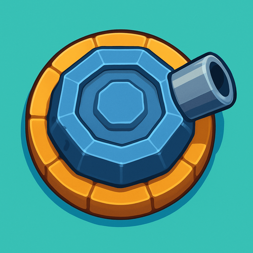 Crea la Torre Default en un estilo 2D renderizado, limpio y cartoonish, con contornos claros y definidos, colores vibrantes con transiciones suaves, y sombreado que da volumen a sus superficies superiores.
La perspectiva debe ser VISTA CENITAL (totalmente desde arriba). Esto significa que la torre se verá como si estuviera siendo observada directamente desde arriba, con los detalles de su parte superior siendo prominentes.
La base de la torre debe ser circular para permitir un movimiento de cañón cómodo. El cañón o la ranura de disparo debe estar orientado hacia la DERECHA en su diseño base (desde la vista cenital).
La torre debe tener un perfil bajo y la menor cantidad de relieve vertical posible para facilitar una rotación fluida en la animación..
In-Game asset.  2d.  High contrast.  No shadows