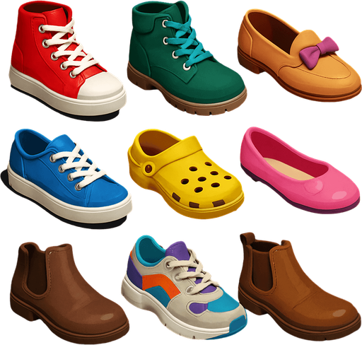 Pack of different shoes.
In-Game asset.  High contrast.  No shadows. 3D