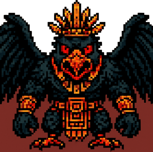 Genérame una Zopilote Rey guerrero azteca con eso patrones, estilo pixelar, con una apariencia maligna, ojos rojos, rabioso. Unidad aerea con alas. Animal.
In-Game asset.  2d.  High contrast.  No shadows