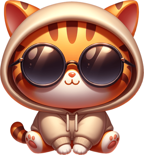 The character in the image, a cartoon-style orange tabby cat with striking stripes, momentarily shifts its relaxed posture. Its round face, partially obscured by oversized, round, dark opaque sunglasses, suddenly animates with a hint of movement. From its small, cute, and chubby body clad in a simple, light-colored hoodie, a soft 'meow' escapes, adding a layer of charm and liveliness to its demeanor. The cat's paws, previously resting comfortably in front, slightly adjust as if to communicate through this gentle sound. This playful and whimsical moment enriches the character's appeal, making it an even more endearing mascot or protagonist for a children's book, bridging the gap between the visual and the expressive..
Single Game Texture. In-Game asset. 2d. Blank background. High contrast. No shadows.