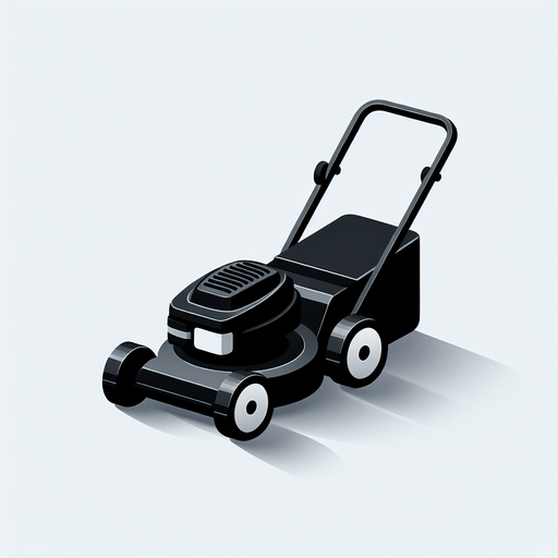 Black lawnmower.
Single Game Texture.  In-Game asset.  2d.  Blank background.  High contrast.  No shadows